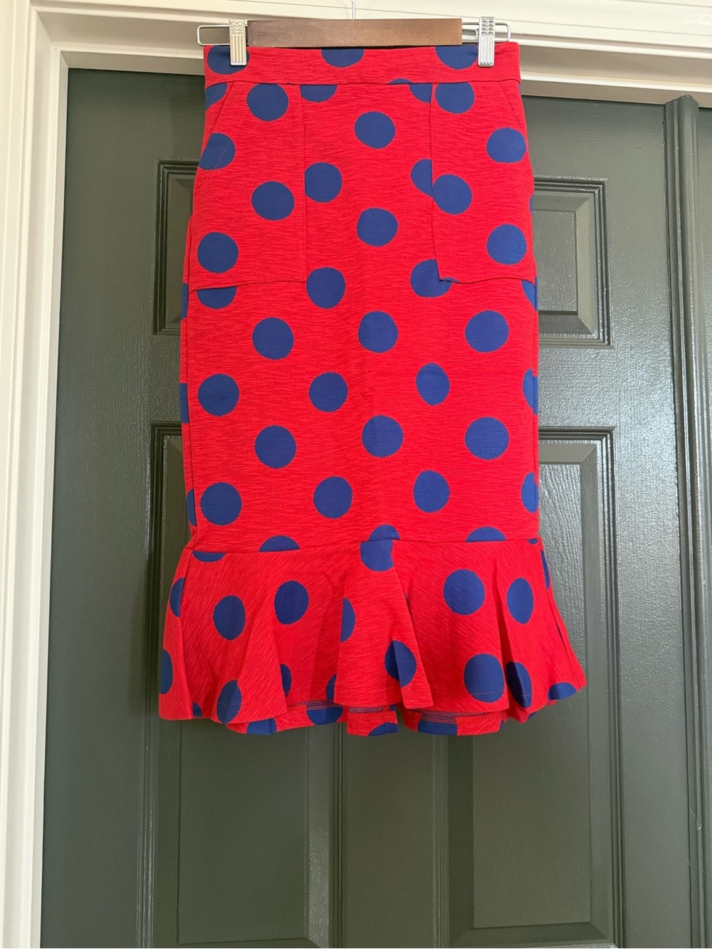 Red Polka Dot Midi Skirt with Ruffle Hem